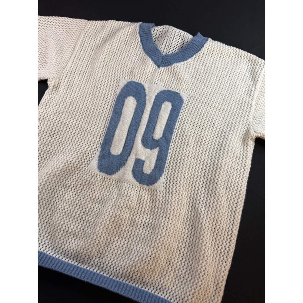 Vintage Style Mesh Knit 09 Jersey Top White Blue Short Sleeve XL Streetwear